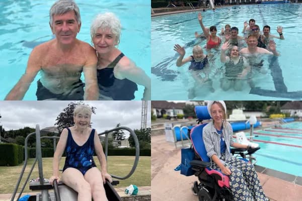A collage shows various people enjoying a swimming pool: a couple in a pool, a group of people waving in a pool, an elderly woman on a slide, and a woman in a wheelchair by a pool.